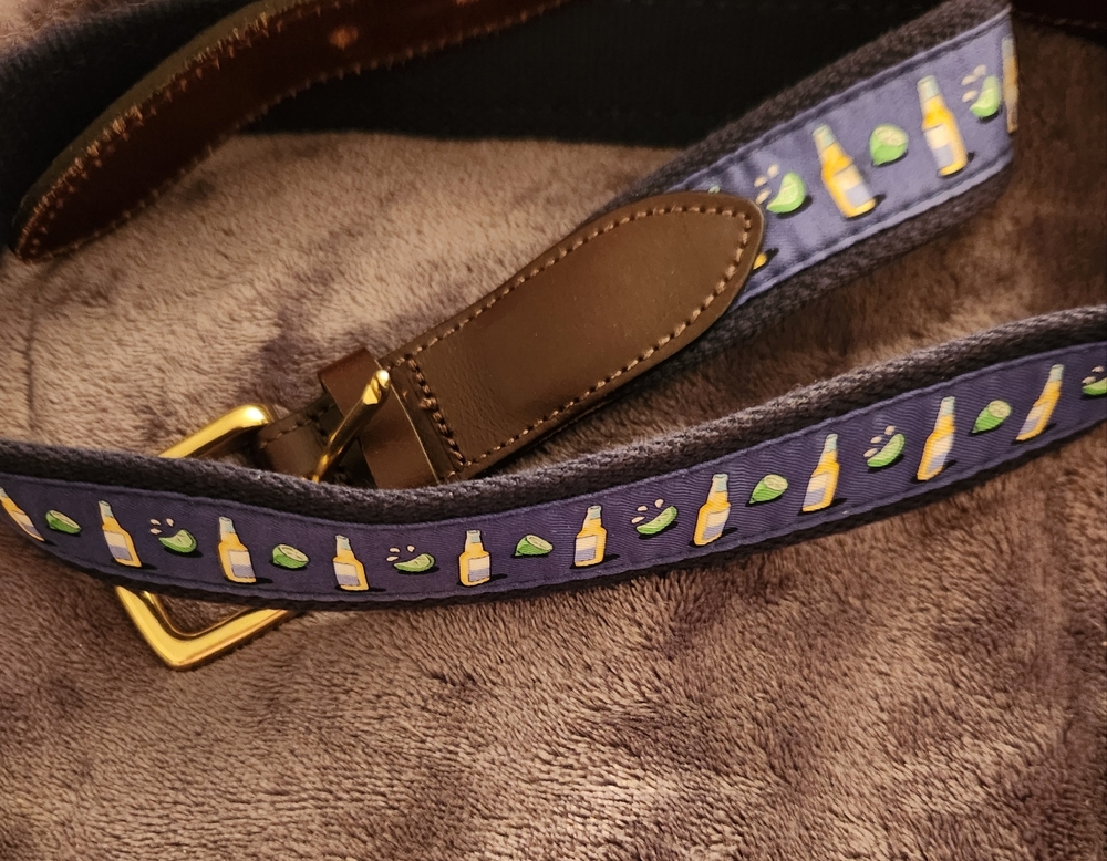 Men's Vinyard Vines Blue and Brown Belt with Beer and Lime Design